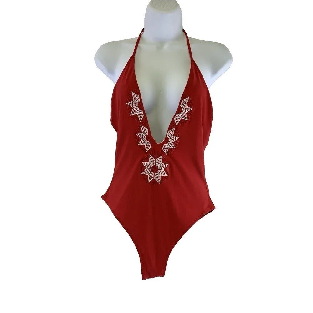 BOGO Cupshe One Piece Swimsuit Red Embroidered Deep V Neck Halter‎ Tie Womens S